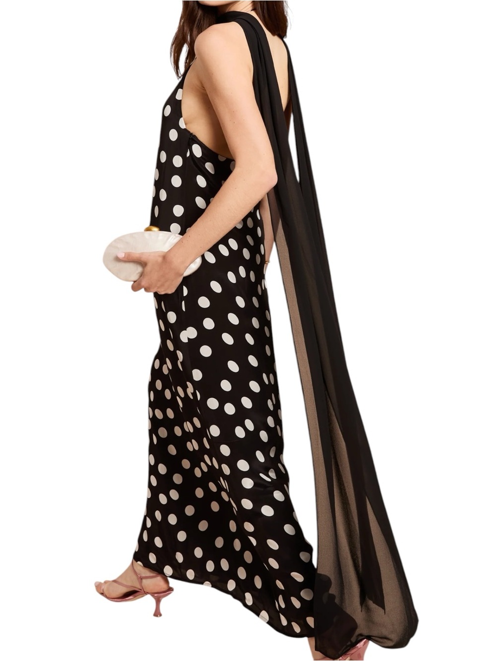Few Moda o.p.t. Alessia Dress Black White Polka Dot Long Flowy Scarf Tie Maxi